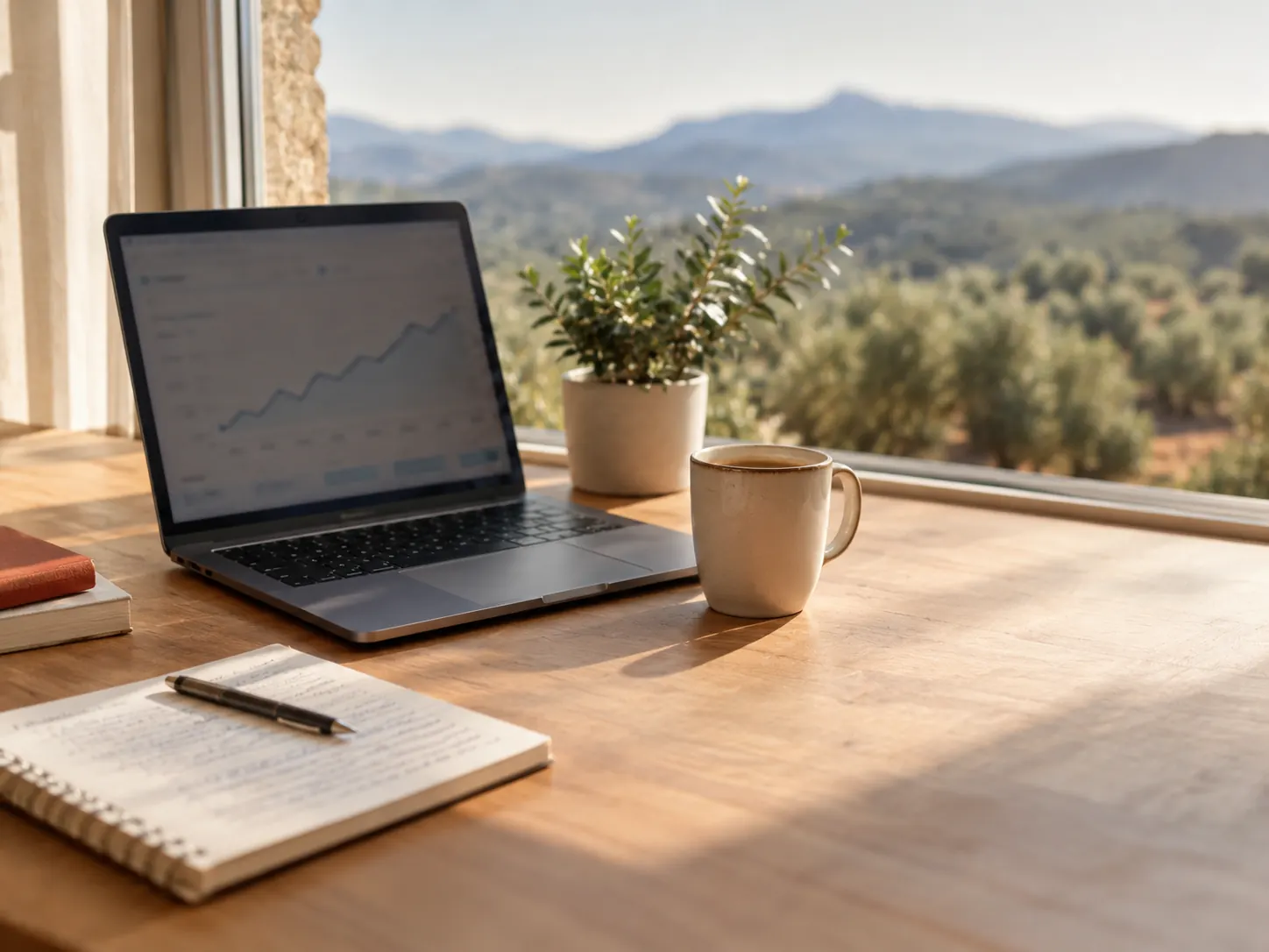 Escritorio de consultora SEO en Granada con olivos al fondo