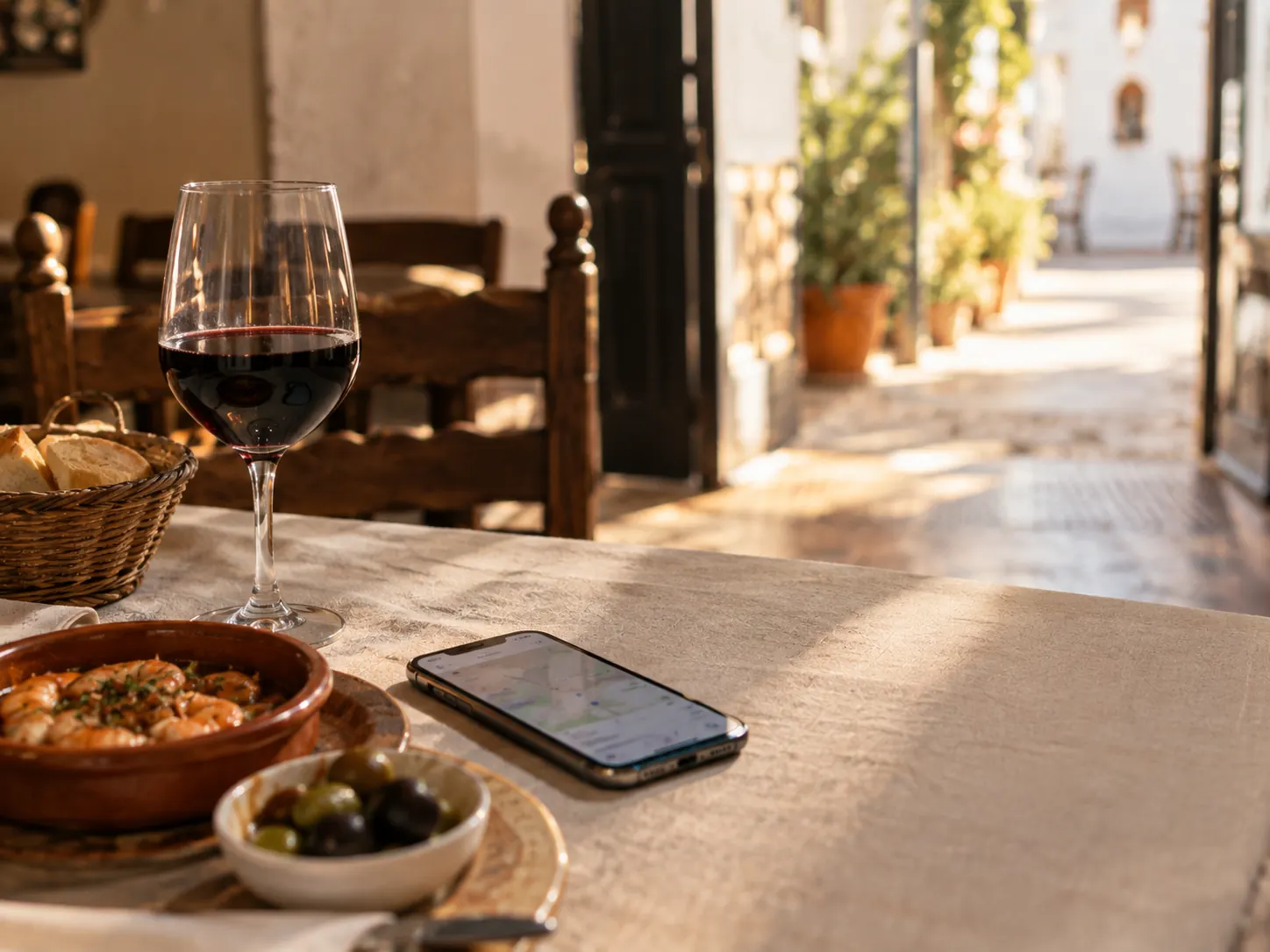 Mesa de tapas con un móvil que muestra un restaurante en el mapa de Google